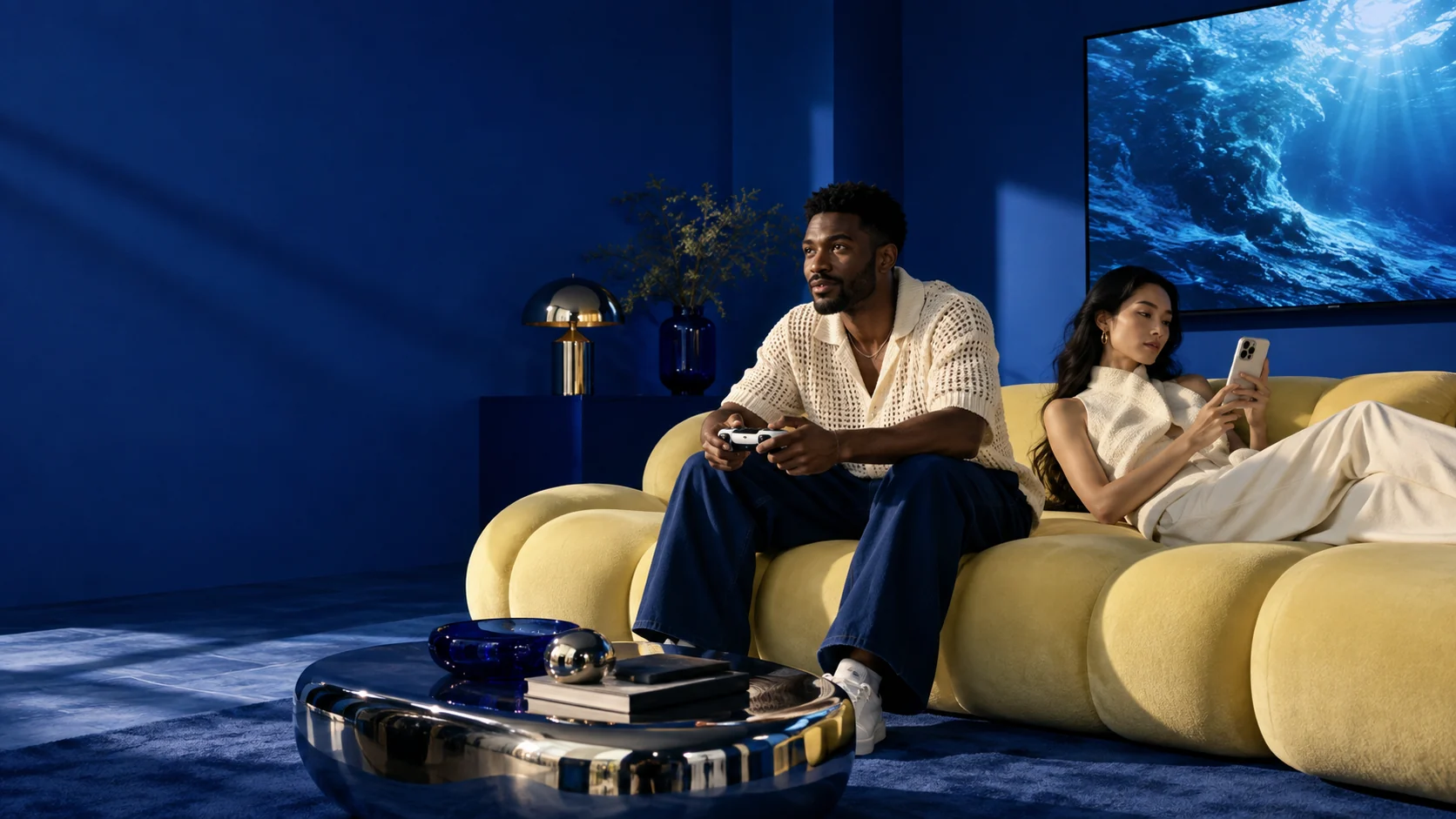 A blue living room with a woman using her phone, a man playing a console game and a large television.
