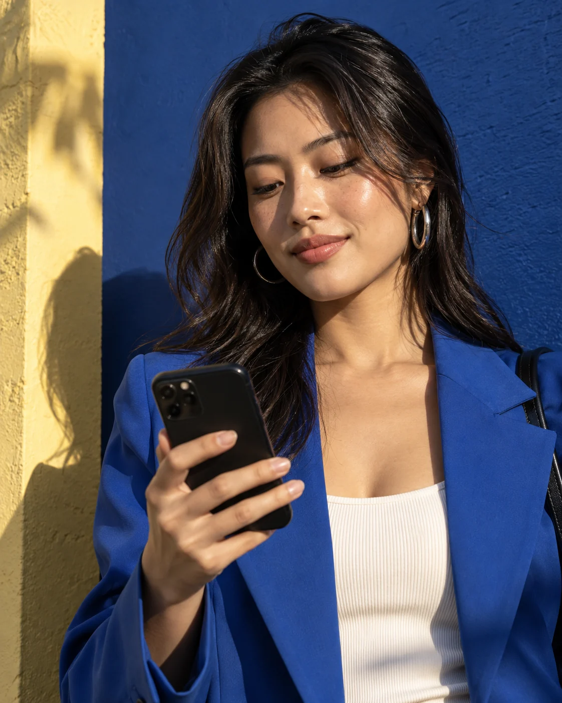 A woman discovering something on her phone in a sunlit blue and yellow city setting.