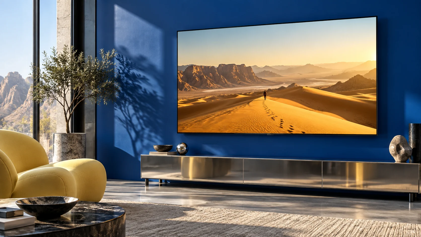 A large TV showing a cinematic desert landscape in a carefully styled cobalt blue room.