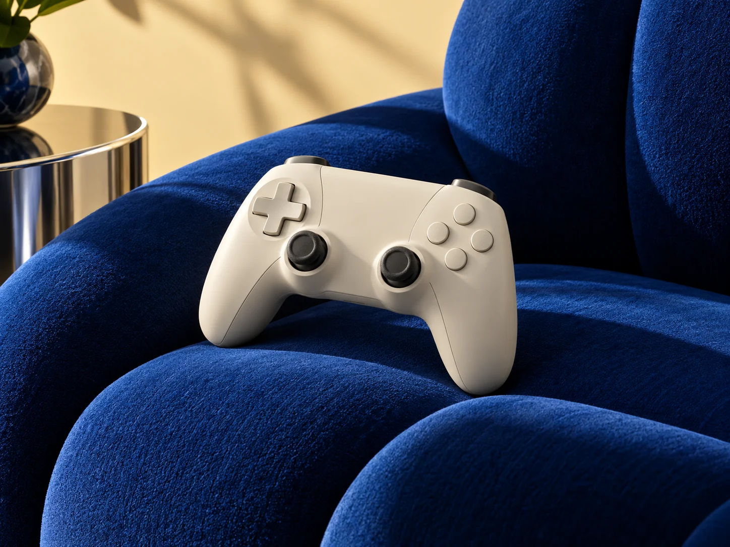 An ivory game controller on a cobalt blue sofa.