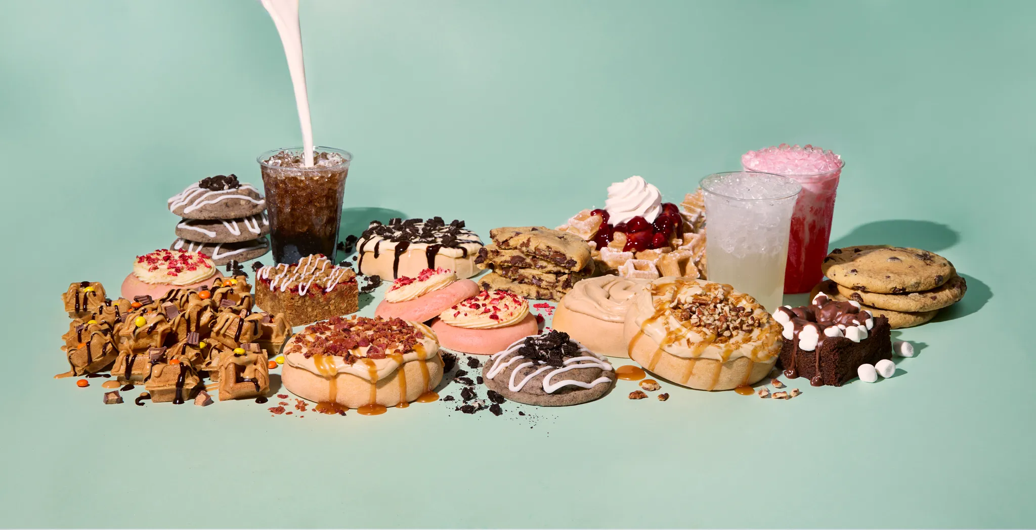 Dirty Dough stuffed cookies, waffle bites, brownies and drinks.